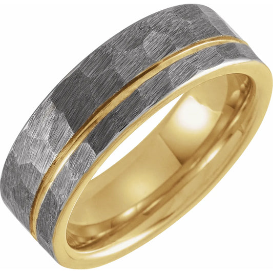 18K Yellow Gold PVD Tungsten Grooved With Hammer Finish